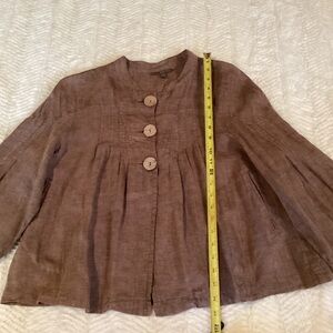 Pink Twill Blazer Womens Large  Brown 3 Button 100% Linen Pockets 3/4 Sleeve